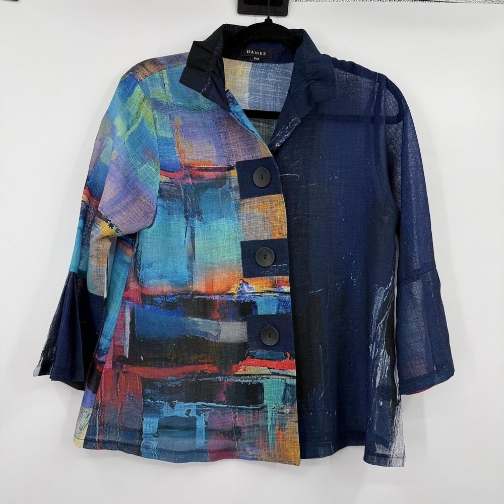 Damee Jacket Womens Medium Petite Blue Chiffon Collared Lightweight Button